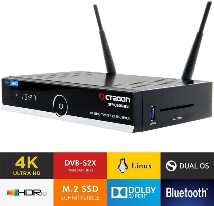 Actual product image Octagon UHD 4K Twin Satellite Receiver with PVR Recording, M.2 Support, Gigabit LAN, WiFi, and Dual OS (Twin DVB-S2, CI Shaft)