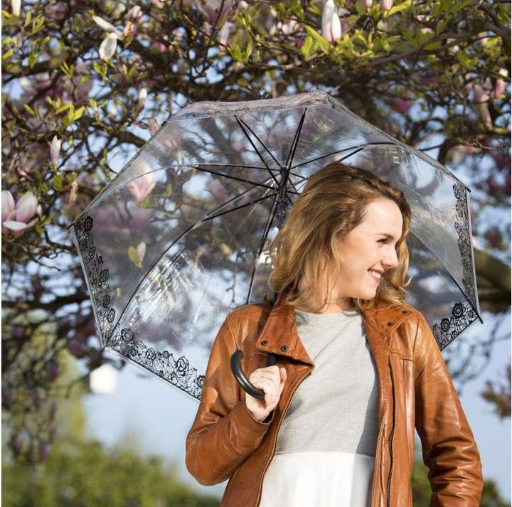 Produktbild Smati transparenter Automatik-Stockschirm Glockenform mit schwarzer Rosenborde - Regenschirm Damen