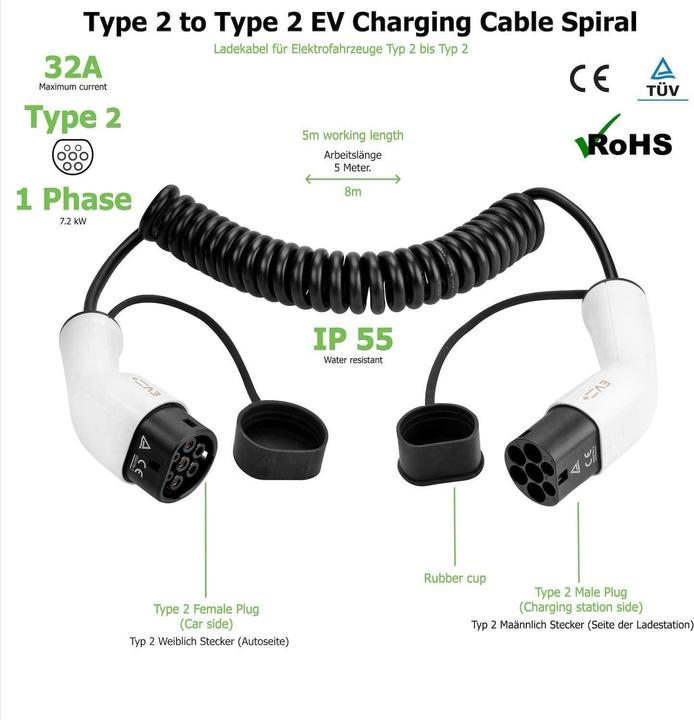 Image du produit Ev + + Câble de charge Type 2 vers Type 2 Spirale 32A 1 Phase 8m (7.20 kW, 32 A, 8 m)