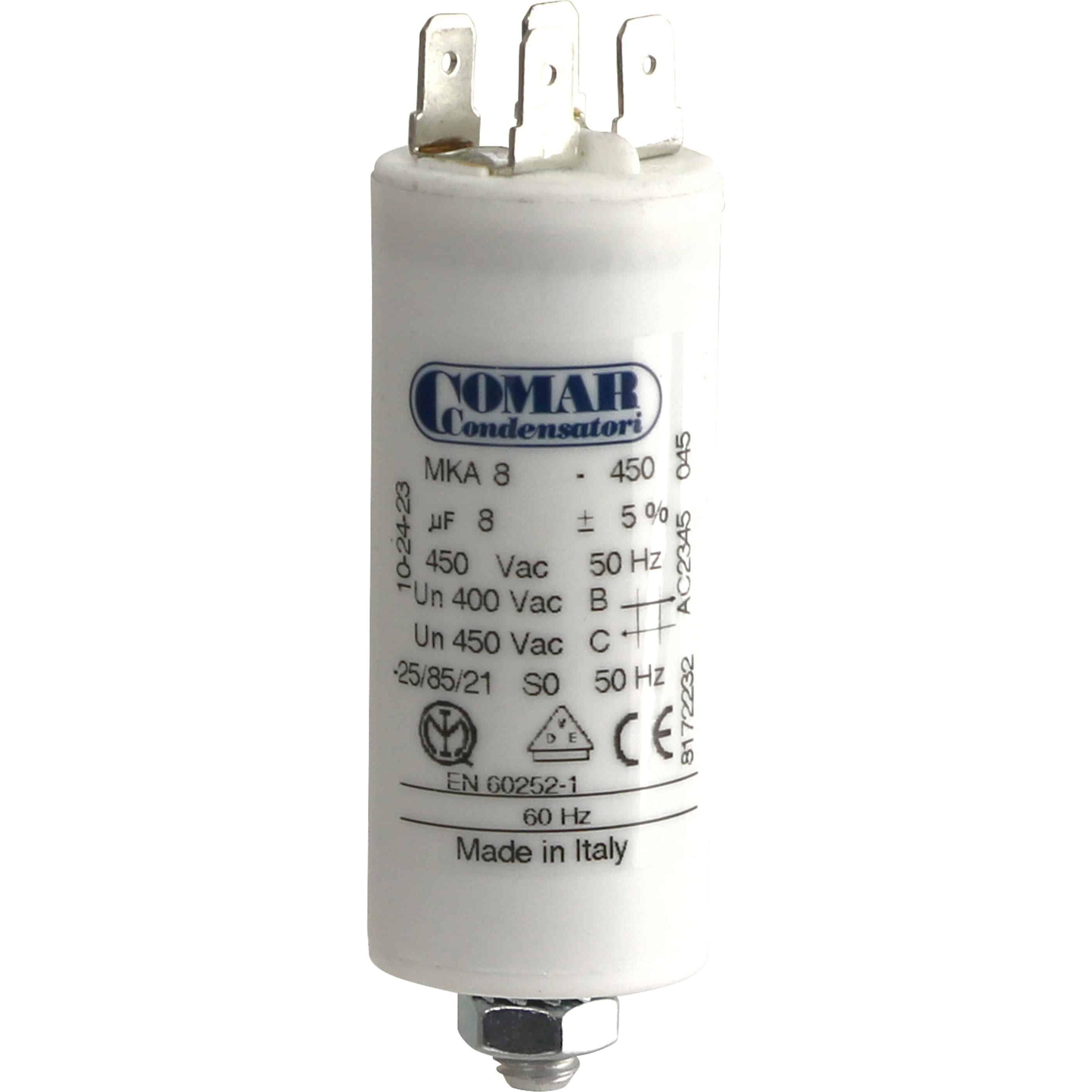 Comar Condensatori Motorbetriebskondensator COMAR MKA450, 8µF/450V, 6,3mm, 30x70mm, Kondensator