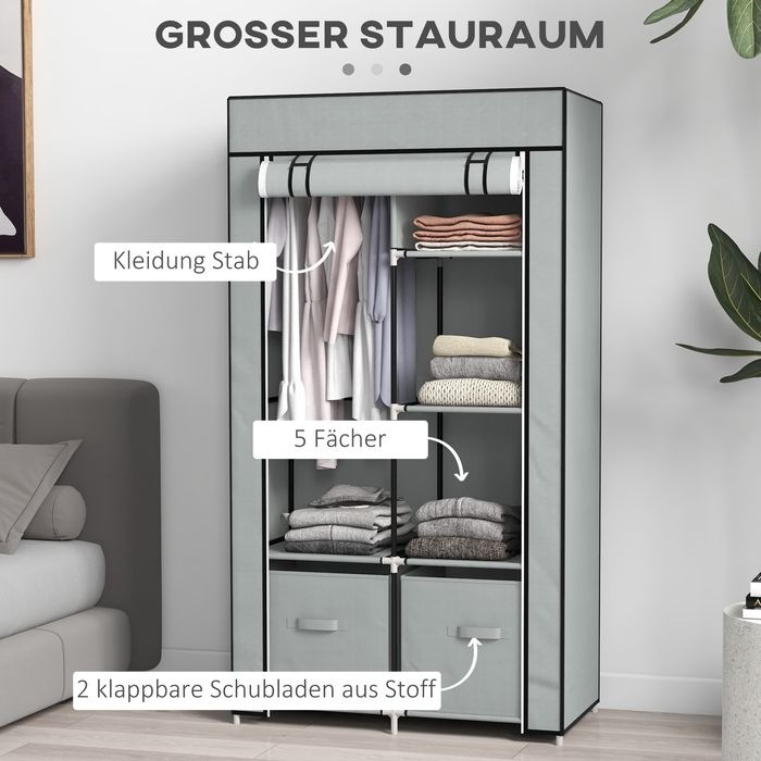 Produktbild Swisshandel24 Stoffschrank Kleiderschrank mit 5 Fächern, Kleiderstange, Garderobe mit Reissverschluss, Faltschrank (83 x 42.5 x 162.5 cm)