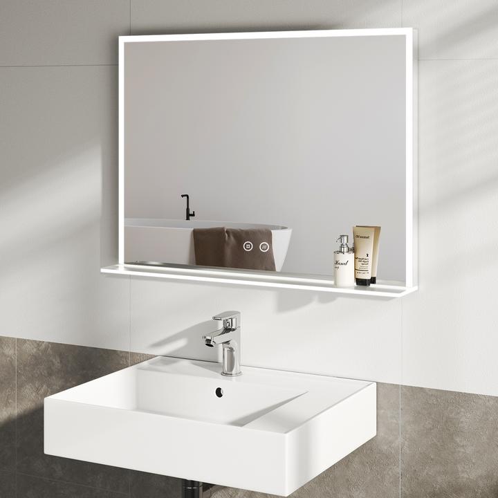 Actual product image Emke Bathroom Mirror With Lighting 60*80cm, Fog-Free, Cool-White6500Kund Dimmable, Glass Shelf (70 x 50 cm)