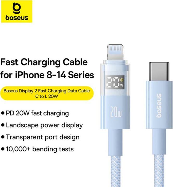 Actual product image Baseus USB-C to Lightning Kable Display 2, 20W, 2.4A, 2m, Blue (2 m, 20 W)