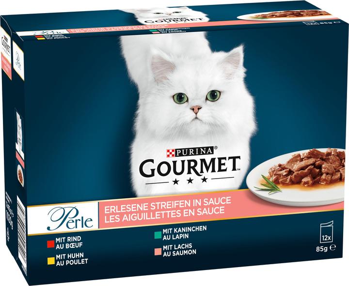 Produktbild Gourmet Erlesene Streifen in Sauce (Rind, Huhn, Kaninchen & Lachs) (Adult, 12 Stk., 1160 g)