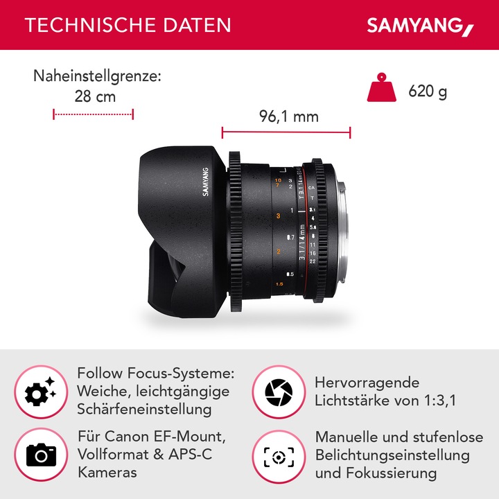 Produktbild Samyang 14mm T3.1 VDSLR II Canon EF (Canon EF-M, Vollformat)