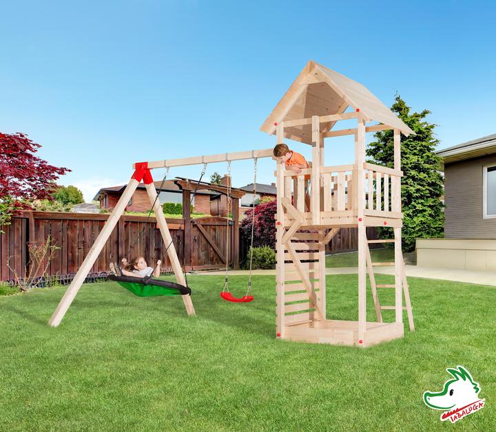Weka Holzbau Tabaluga dragon tower with saddle roof, natural, economy set incl. add-on swing with nest swing