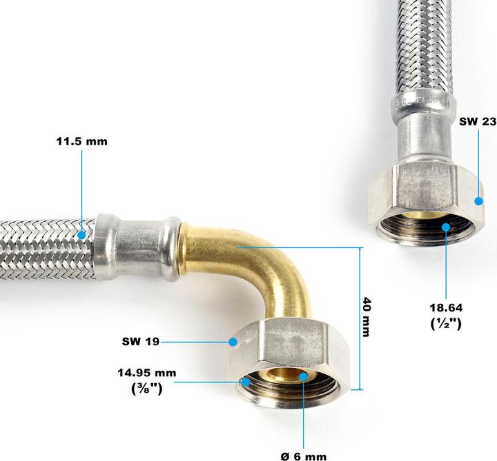 Image du produit XPOtool Tuyau blindé Flexible 800mm DN8 Raccord coudé 3/8" (14,95mm) Écrou 1/2" (18,64mm) Sanitair