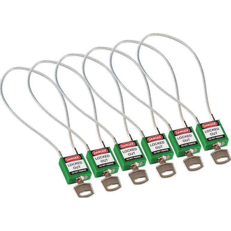 Brady, Vorhängeschloss, kompaktes Sicherheitsschloss Nylon mit Kabelbügel, Grün, 400mm Kabellänge, 4,7mm PVC-beschic