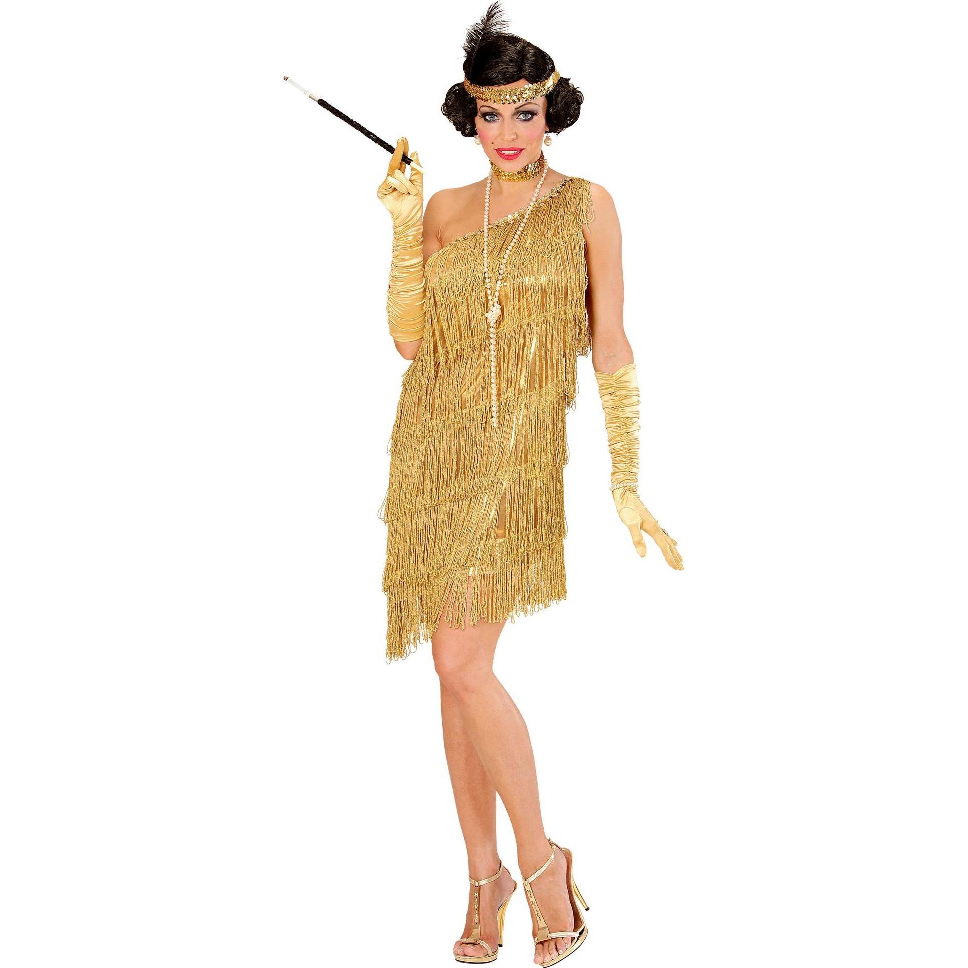 Widmann Charleston Kleid Gold mit Fransen, Halsband, Stirnband und Feder (XS, S, M, L, XL)