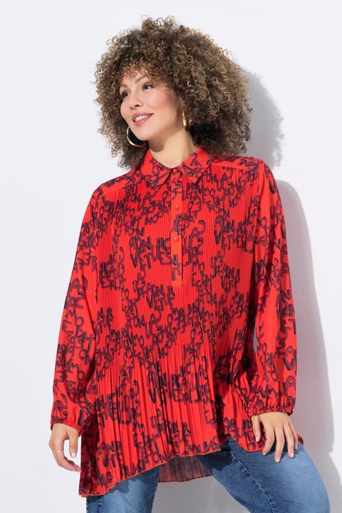 Produktbild Ulla Popken Plissee-Bluse, Schriftmuster, A-Linie, Hemdkragen, Langarm (58)