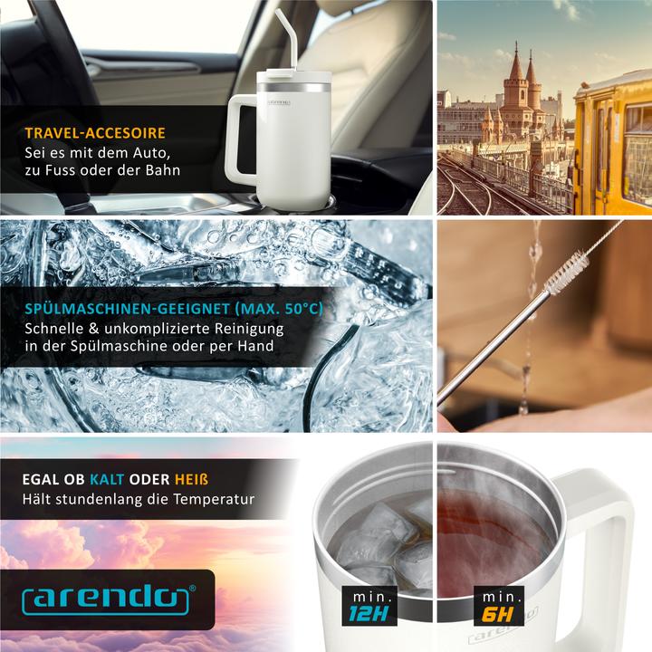 Produktbild Arendo Thermobecher 1200 ml, Becher mit Deckel, Thermal Mug, Henkel & Strohhalm, Tumbler, Edelstahl (1.20 l)