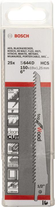 Produktbild Bosch Professional Zubehör Säbelsägeblatt S 644 D, Top for Wood, 25er-Pack