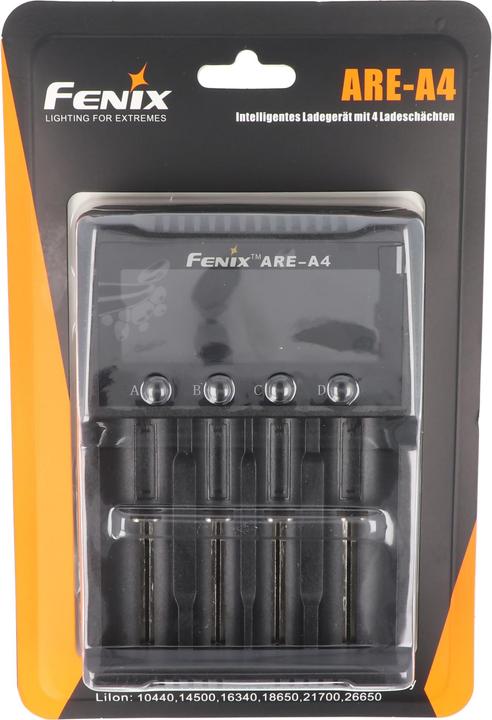 Produktbild Fenix Rundzellen Ladegerät ARE A4 (1 Stk., 10340, 10350, 10440, 10500, 12500, 12650, 13500, 13650, 14500, 14650, 16340, 16650, 17500, 17650, 17670, 18350, 18490, 18500, 18650, 18700, 21700, 22650, 25500, 26500, 26650, Akku)