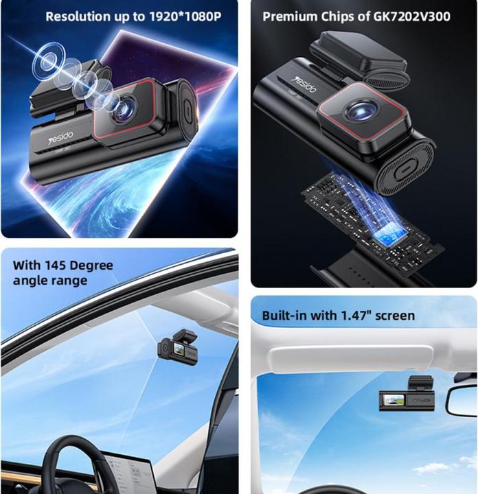 Actual product image Yesido - Dash Camera (KM21) - Full HD 1080p, 145° Angle Range, 1.47" IPS Built-in Screen - Black (Built-in display, Full HD)