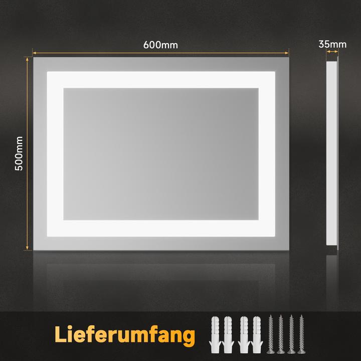Produktbild SONNI LED beleuchteter Badezimmerspiegel, 60 x 50 cm, Kaltweiss, Wandschalter, IP44 (60 x 50 x 100 cm)