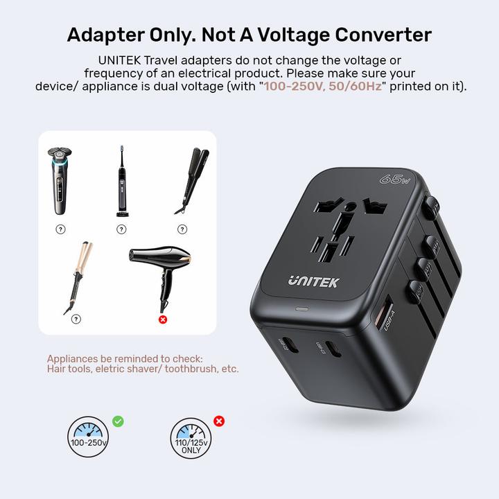 Actual product image Unitek riad EU/US/UK/AUS PD 65 watt travel charger (65 W, 4 ports)