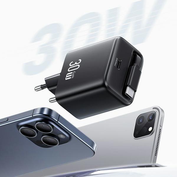 Image du produit Usams Ład. siec. 1xUSB-C ze zwijanym kablem USB-C Retractable PD+QC 30W Gan Fast Charging czarny/bla (30 W)