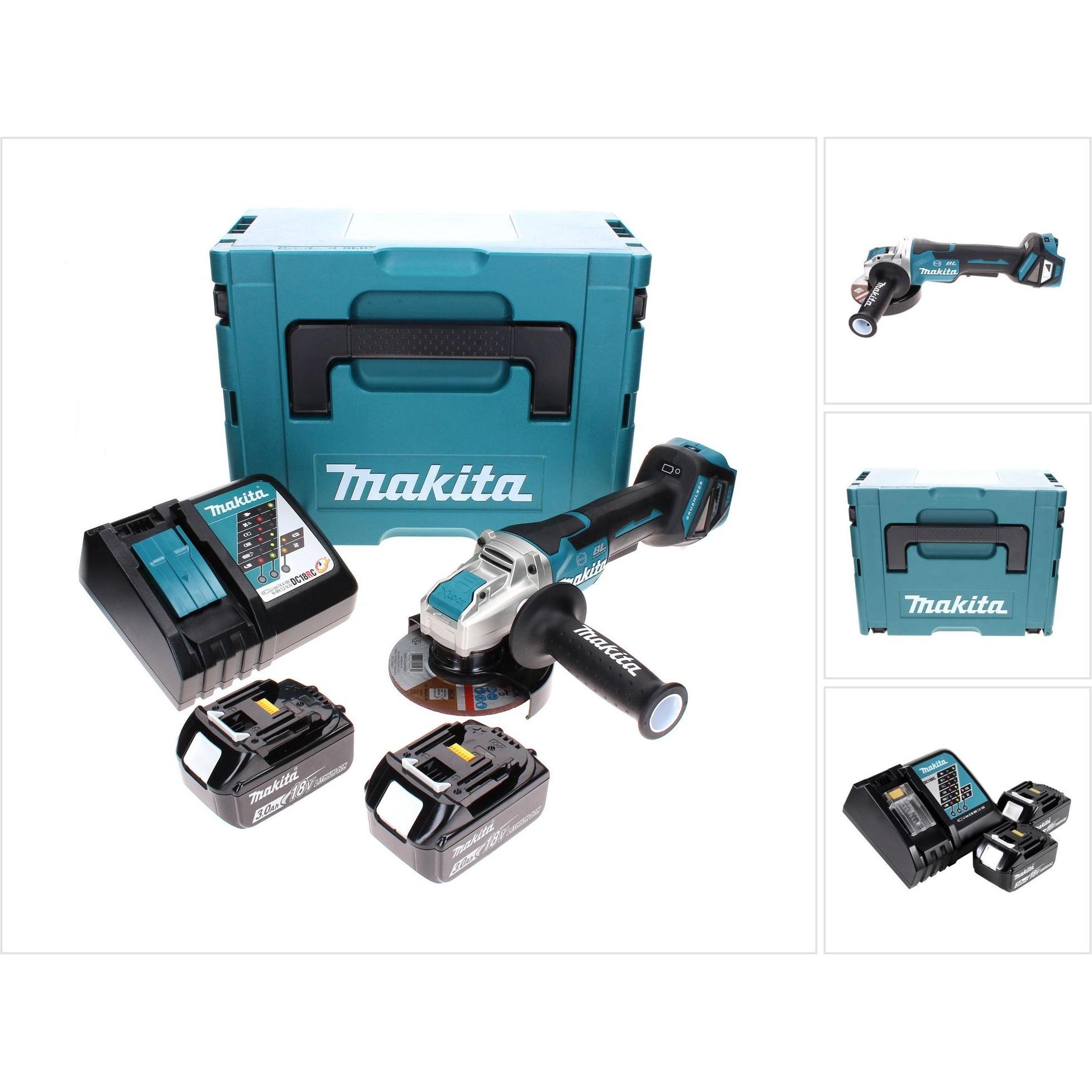 Makita, Winkelschleifer, DGA 519 RFJ Akku Winkelschleifer 18 V 125 mm Brushless X-Lock + 2x Akku 3,0 Ah + Ladegerät + (1...