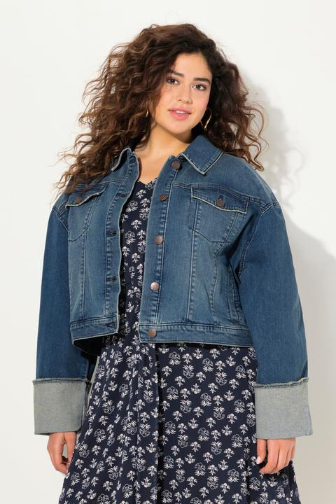 Immagine prodotto Ulla Popken Giacca di jeans con frange, collo da camicia e ampio risvolto sulle maniche (56)
