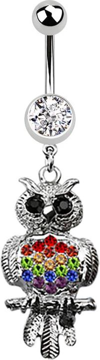Produktbild Star Piercing Banane silber mit Anhänger Eule schwarz und farbig (Chirurgenstahl 316L, ohne Messing)