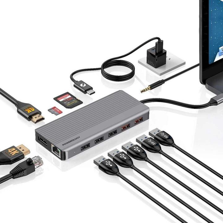 Actual product image Powerology 12in1 USB-C Hub HDMI Type-C 100W PD Ethernet VGA USB SD MicroSD 3.5AUX (USB-C, 12 ports)