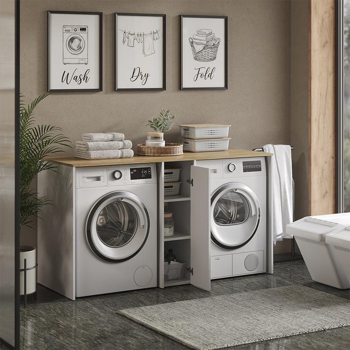 Actual product image Vicco Washing machine cabinet Viktor, White/Artisan oak, 159.8 x 88.2 cm with 3 compartments