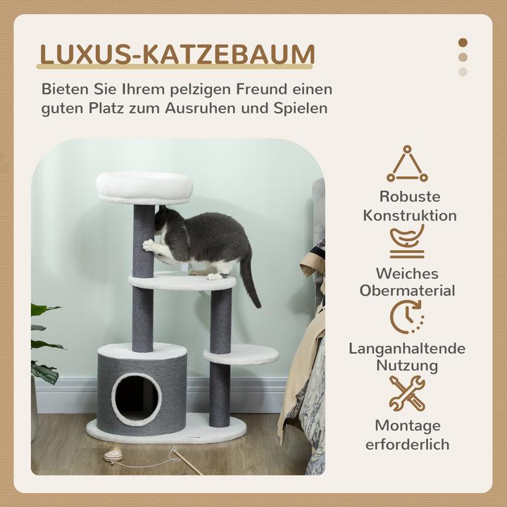 Produktbild PawHut Kratzbaum Spanplatte, Plüsch Grau (98 cm, Grau, Weiss)