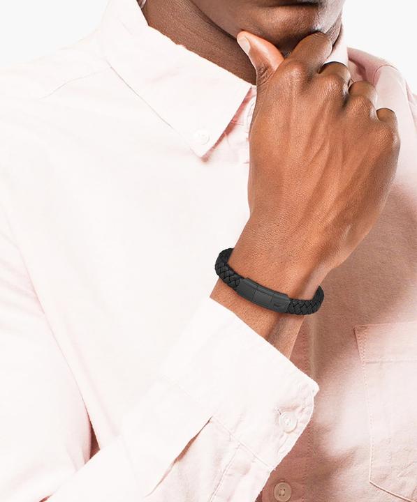 Actual product image Lacoste Black leather bracelet Rokel 2040285 (19 cm, Leather, Stainless steel)