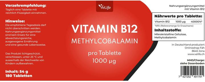 Nährwerte und Zutaten VeLife Vitamin B12 Tabl (180 Stk., Tabletten, 81 g)
