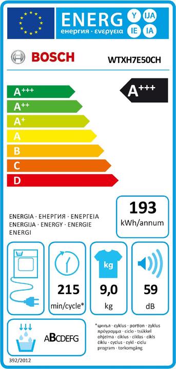 Label énergétique Bosch Hausgeräte WTXH7E50CH (9 kg, Droite, Fiche CH)