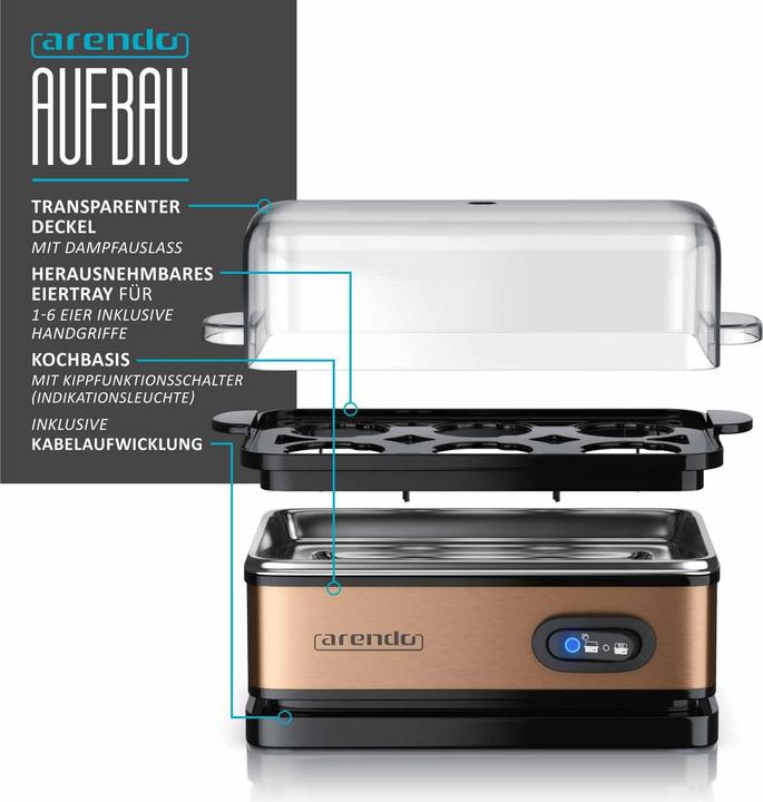 Produktbild Arendo Edelstahl Eierkocher 6-fach, 400 W, Edelstahl, Warmhaltefunktion, Härtegrad einstellbar, Kupfer