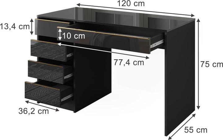 Actual product image Vicco Desk Sherry, Black high gloss/Gold, 55 x 120 cm with drawers (120 x 55 x 75 cm)