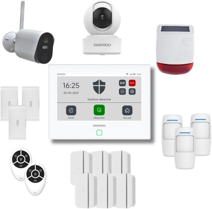 Daewoo WLAN/GSM-Alarmsystem mit 7-Zoll-Touchscreen, 15 Zubehörteilen, Solarsirene und 2 HD-Kameras