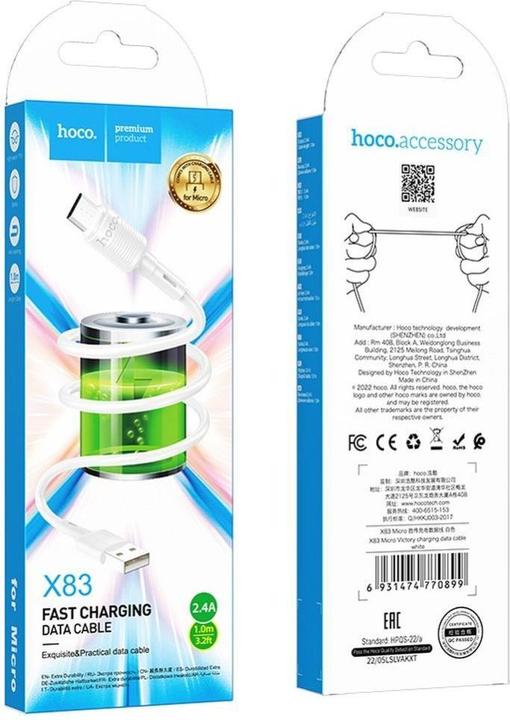 Produktbild Hoco USB-A to microUSB Kabel X83 Victory, Weiss (1 m, USB 2.0, 18 W)