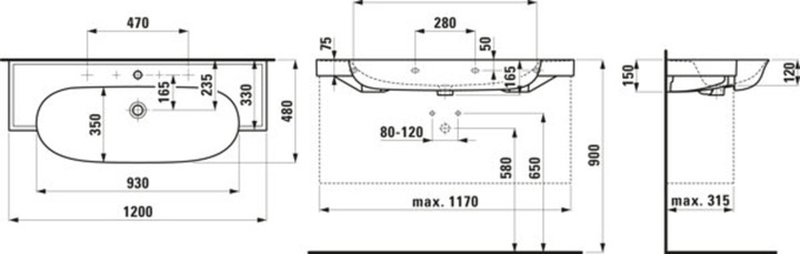 Produktbild Laufen The New Classic Waschtisch, unterbaufähig, ohne Überlauf, 2 Hahnlöcher, 1200x480mm, H81385 (1200 mm, 480 mm)
