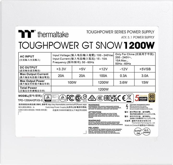 Actual product image Thermaltake Netzteil Toughpower GT 1200W Snow ATX3.1 80+G WH retail (1200 W)