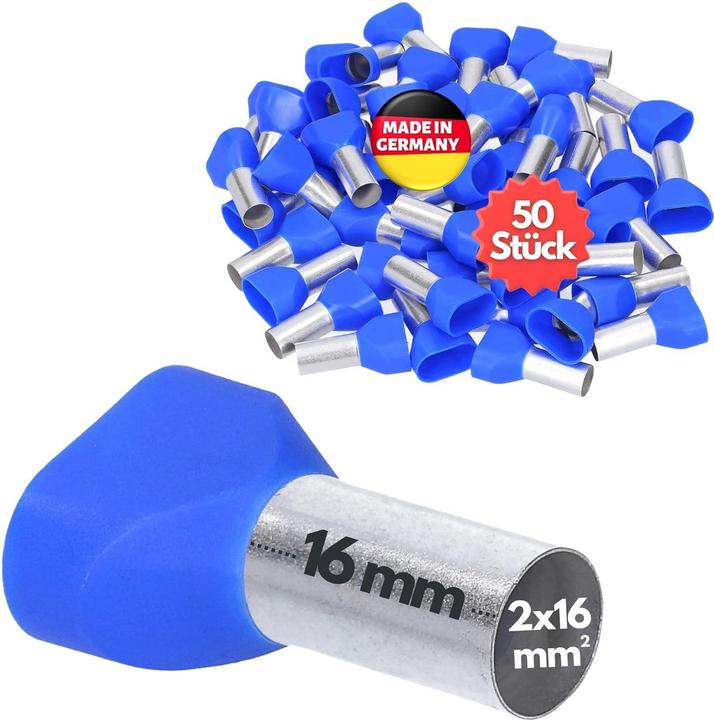Actual product image Kalitec 50 pieces AET1616BL Twin wire end ferrules insulated 2x16.0mm² 16mm long blue I Made in Germany