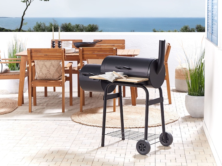 Produktbild Beliani Holzkohlegrill mit Räucherkammer schwarz rollbar SATAH (31 cm)