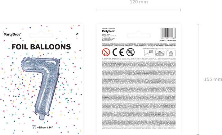 Actual product image Partydeco Foil Balloon Number "7", 35cm, holographic (1 pkt / 1 pc.) (1 Piece)