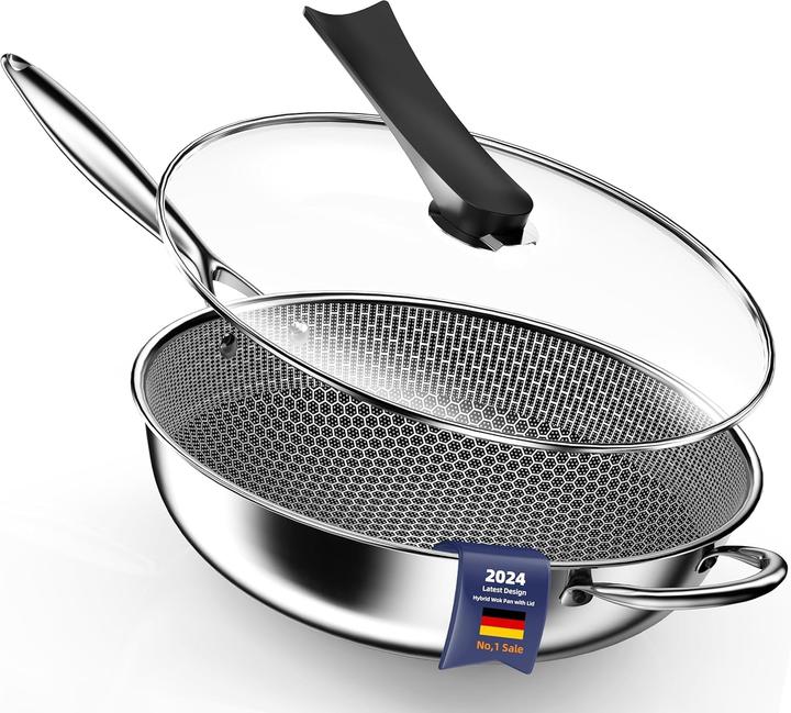 Kiseely Hybrid Wokpfanne mit Deckel, antihaft, induktionsfest (34 cm, Wok, Acciaio inossidabile)