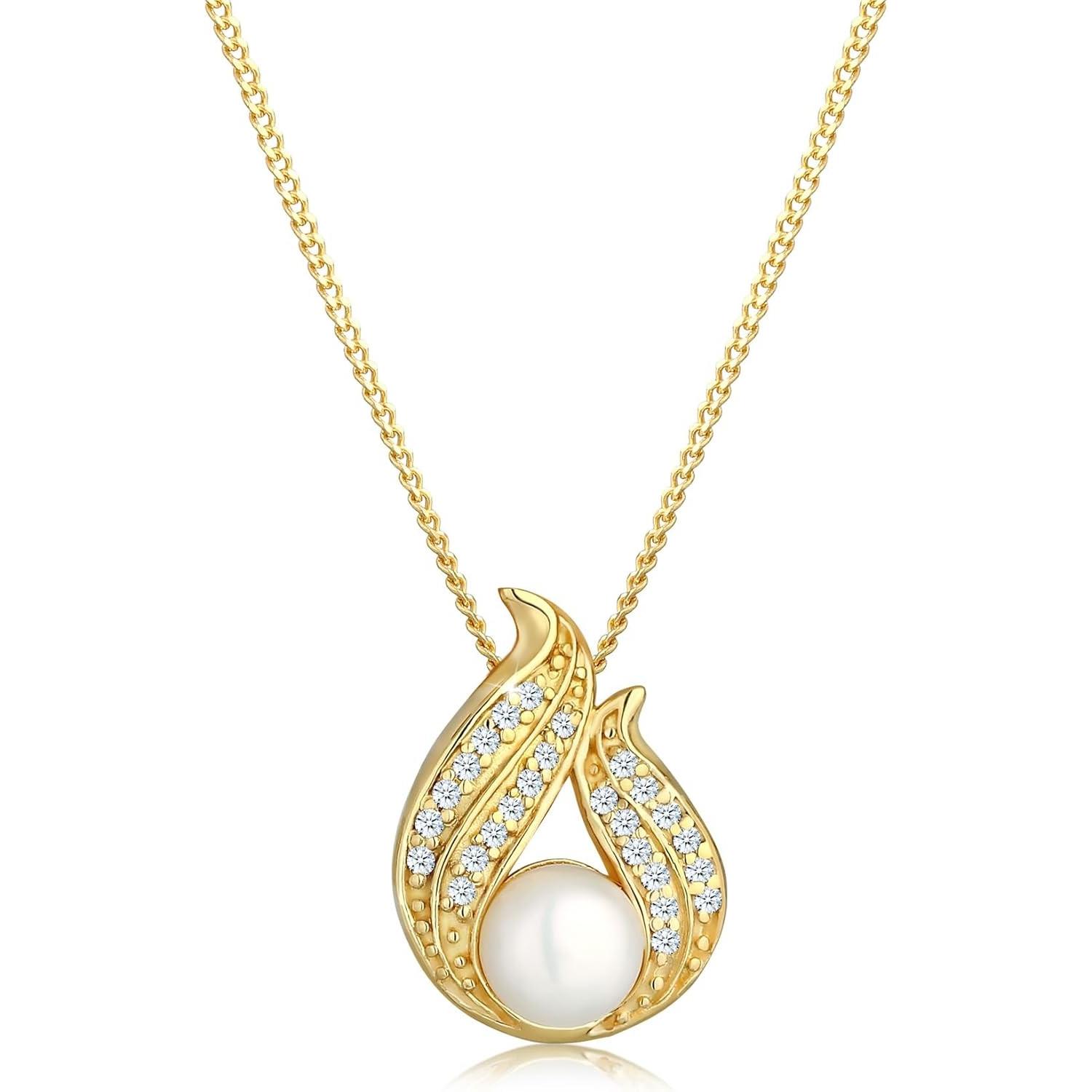 Elli, Collana, Collana Donna Perla D'acqua Dolce Con Diamante Facetato, (585 Oro Giallo)