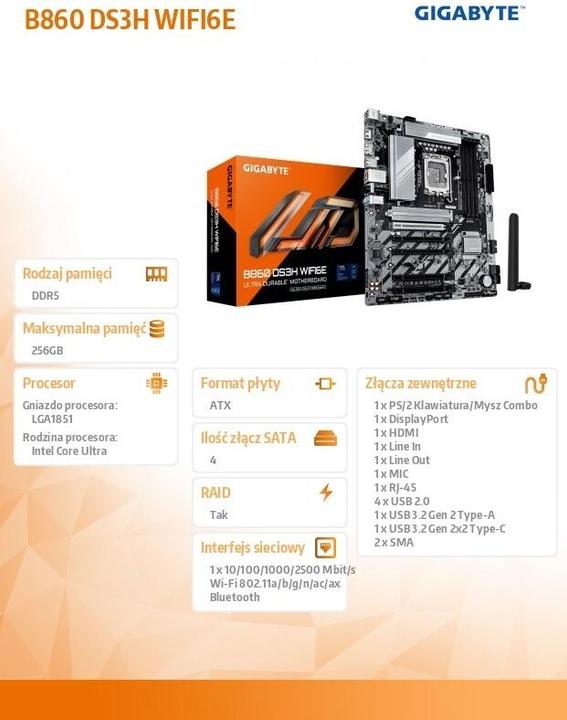 Image du produit Gigabyte B860 DS3H WIFI6E (LGA 1851, Intel B860, ATX)