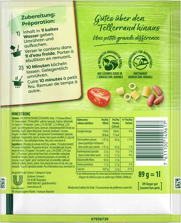 Valori nutrizionali e ingredienti Knorr Sacchetto di minestrone, zuppa classica dall'Italia con verdure e fagioli fini, pasto pronto