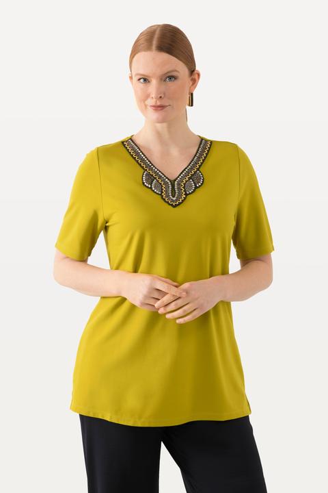 Image du produit Ulla Popken T-shirt avec broderies, silhouette en A évasée, col tunisien et manches courtes (50, 52)