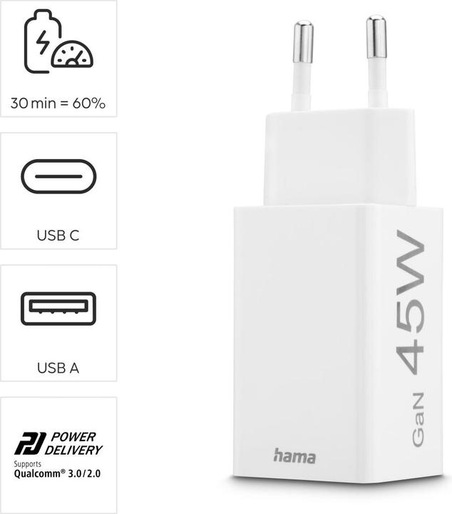 Image du produit Hama Chargeur rapide, 1x USB-C PD, 1x USB-A QC, mini-chargeur, 45 W, blanc (45 W)