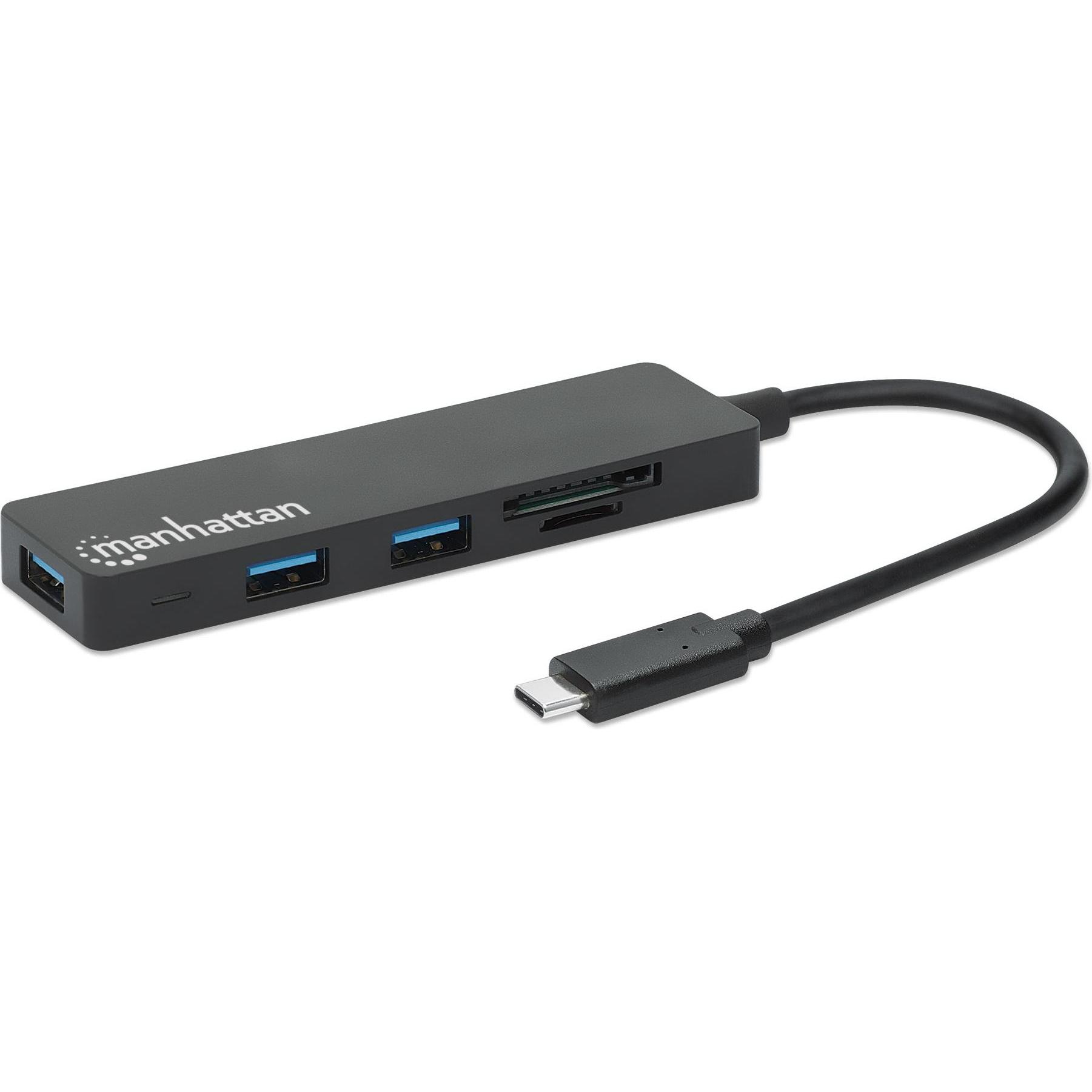 Manhattan USB 3.0 Hub mit Kartenleser (USB-C, 3 Ports), Dockingstation + USB Hub, Schwarz