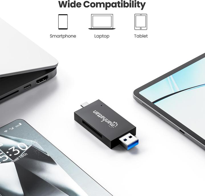 Image du produit Manhattan USB 3.0 Typ-C / Typ-A Kombo-Kartenlesegerät / Multi-Card Reader / Writer