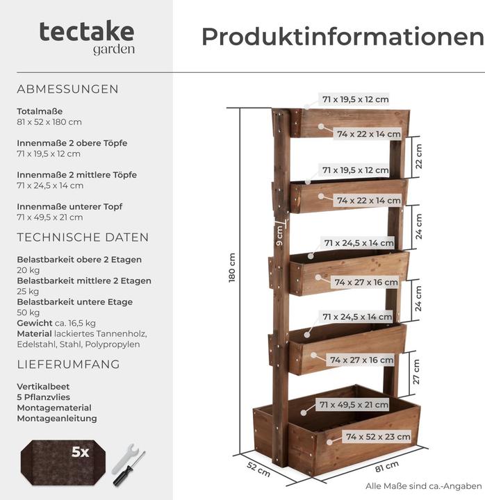 Image du produit tectake Jardinière verticale FLORA en bois laqué avec toile de paillage