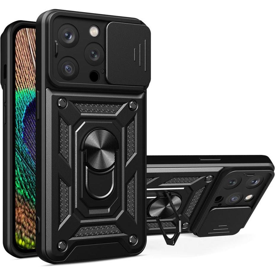 Hurtel Hybrid Armor Camshield case for iPhone 14 Pro armored case with camera cover black (Apple iPhone 14 Pro), Smartph...