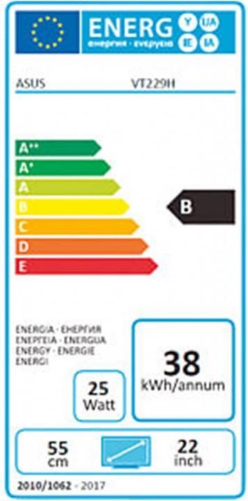 Energy Label ASUS Touch LCD VT229H 21.5", touchscreen, IPS, FHD, 1920 x 1080 pixels, 5 ms, 250 cd (1920 x 1080 pixels, 21.50")